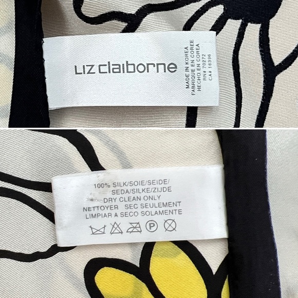 🌼Cheerful Mod-Daisy Square Silk VTG Liz Claiborne Black & Yellow on White Scarf - Picture 15 of 17